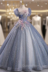 Blue Tulle Sequins Puff Sleeve Backless Beading Quinceanera Dress
