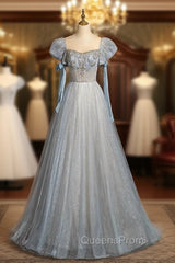 Blue Tulle Sequins Puff Sleeve Beading Evening Prom Dress