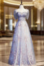 Blue Tulle Sequins Short Sleeve Beading Evening Prom Dress