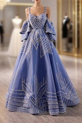 Blue Tulle Sequins Spagehtti Straps Evening Prom Dress