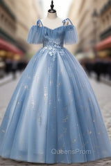 Blue Tulle Sequins Spaghetti Straps Appliques Quinceanera Dress