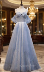 Blue Tulle Sequins Spaghetti Straps Evening Prom Dress