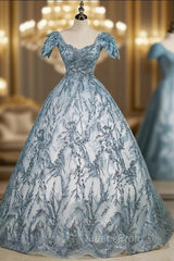 Blue Tulle Sequins Square Quinceanera Dress