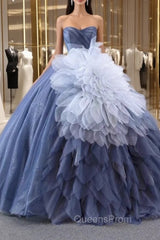 Blue Tulle Sequins Strapless Evening Prom Dress With Detachable Puff Tulle