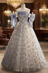 Blue Tulle Sequins Strapless Evening Prom Dress