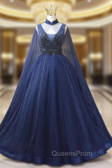 Blue Tulle Sequins V-neck Beading Evening Prom Dress