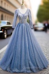 Blue Tulle Sequins V-neck Long Sleeve Beading Evening Prom Dress