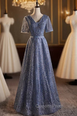 Blue Tulle Sequins V-neck Short Sleeve Evening Prom Dress