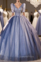 Blue Tulle Sequins V-neck Short Sleeve Quinceanera Dress