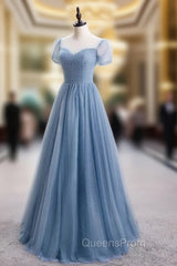Blue Tulle Short Sleeve Scoop Neck Evening Prom Dress