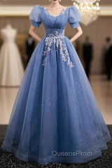Blue Tulle Short Sleeve Sequins Evening Prom Dress