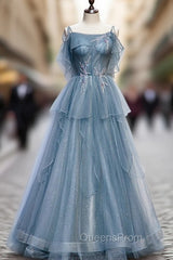 Blue Tulle Spagehtti Straps Beading Evening Prom Dress