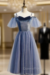 Blue Tulle Spagheti Straps Tea Length Beading Evening Prom Dress