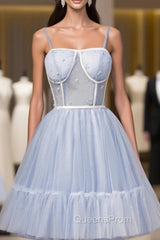 Blue Tulle Spaghetti Pleats Beading Homecoming Dress