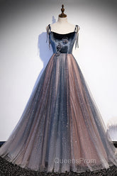 Blue Tulle Spaghetti Strap Long Evening Prom Dress, A-Line Lace-Up Evening Dress