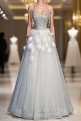 Blue Tulle Spaghetti Straps Beading Feather Evening Prom Dress