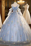 Blue Tulle Spaghetti Straps Embroidery Quinceanera Dress