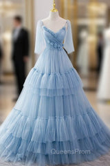 Blue Tulle Spaghetti Straps Pleats Evening Prom Dress