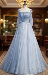 Blue Tulle Spaghetti Straps Sleeveless Evening Prom Dress