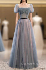 Blue Tulle Square Short Sleeve Pleats Beading Evening Prom Dress