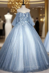 Blue Tulle Star Sequins 3D Appliques Quinceanera Dress