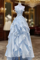 Blue Tulle Strapless Appliques Evening Prom Dress