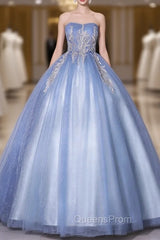 Blue Tulle Strapless Appliques Quinceanera Dress