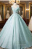 Blue Tulle Strapless Pleats Beading Evening Prom Dress