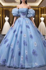 Blue Tulle Strapless Print Quinceanera Dress