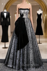 Blue Tulle Strapless Velvet Evening Prom Dress