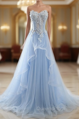 Blue Tulle Sweetheart Appliques Beading Evening Prom Dress
