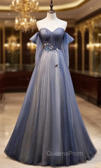 Blue Tulle Sweetheart Pleats Appliques Evening Prom Dress