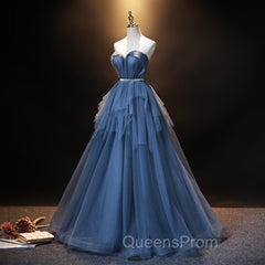 Blue Tulle Sweetheart Simple Pretty Floor Length Party Dress, Blue A-line Evening Dress Evening Prom Dress