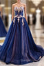 Blue Tulle Sweetheart White Appliques Evening Prom Dress With Train