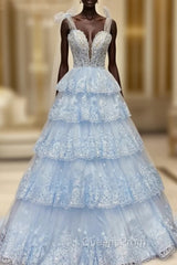 Blue Tulle Tiers Appliques Sequins Evening Prom Dress