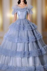 Blue Tulle Tiers Off the Shoulder Quinceanera Dress
