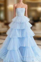 Blue Tulle Tiers Strapless Pleats Evening Prom Dress