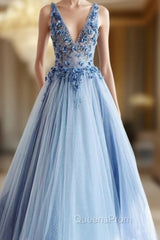 Blue Tulle V-neck Appliques Beading Evening Prom Dress