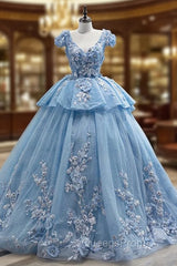 Blue Tulle V-neck Appliques Cap Sleeve Evening Prom Dress