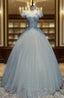 Blue Tulle V-neck Appliques Quinceanera Dress