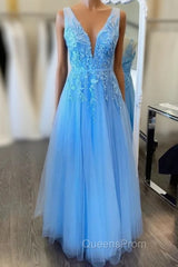 Blue Tulle V-neck Backless Appliques Evening Prom Dress