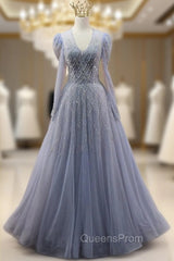 Blue Tulle V-neck Long Sleeve Beading Evening Prom Dress