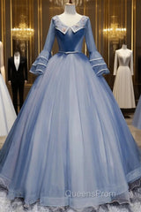 Blue Tulle V-neck Long Sleeve Pleats Quinceanera Dress