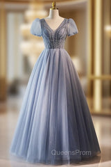 Blue Tulle V-neck Puff Sleeve Beading Evening Prom Dress