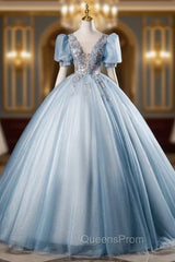 Blue Tulle V-neck Puff Sleeve Quinceanera Dress