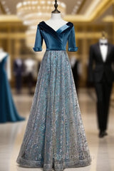 Blue Tulle V-neck Short Sleeve Sequins Evening Prom Dress
