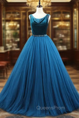 Blue Tulle Velvet Beading Evening Prom Dress