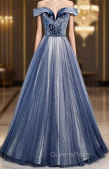 Blue Tulle Velvet Off the Shoulder Beading Evening Prom Dress