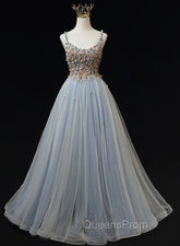 Blue Tulle with Flowers Straps Long Evening Dress, Blue Evening Prom Party Dress