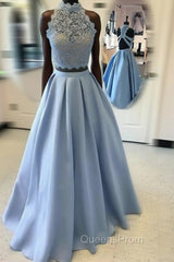 Blue Two Pieces Lace Long Evening Prom Dress, Blue Lace Evening Dress